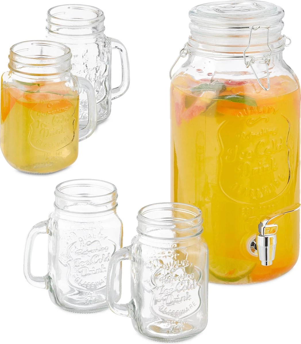 Distributeur De Boissons Relaxdays Avec Robinet - 3,4 L - Pichet De Jus Avec 4 Verres - Distributeur De Limonade 4 Distributeur De Boissons Relaxdays Avec Robinet - 3,4 L - Pichet De Jus Avec 4 Verres - Distributeur De Limonade – Image 2
