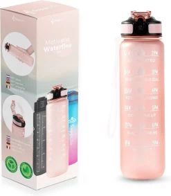 Supplife Motivational Water Bottle - Gourde De 1 Litre - Gourde Avec Marqueur De Temps - Avec Paille - Adultes - Enfants - Or Rose - Brosse De Nettoyage Incluse