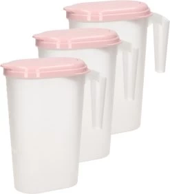 3x Pichet à Eau/pichet à Jus Transparent/rose Avec Couvercle 1,6 Litre En Plastique - Pichet étroit Qui Tient Dans La Porte Du Réfrigérateur