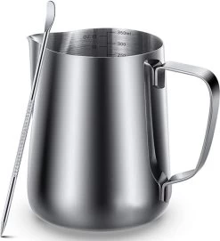 House Of Husk® Pot à Lait Avec Art Pen - Pichet Mousseur à Lait - Argent - Pot à Lait - Pichet à Lait - Acier Inoxydable - Pot à Lait Barista - 350 Ml - Avec Stylo Latte Art
