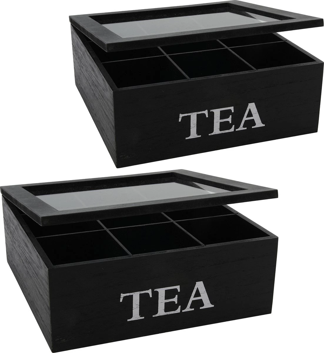 2x Boîte à Thé En Bois De Bambou/boîte à Thé Noire Avec Couvercle En Verre 9 Compartiments 23 Cm 3 2x Boîte à Thé En Bois De Bambou/boîte à Thé Noire Avec Couvercle En Verre 9 Compartiments 23 Cm