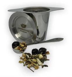 Filtre à Thee Et Cuillère Doseuse - SensibleTaste - Facilement Lavable - Acier Inoxydable - Filtre à Thé Pour Thé En Vrac - Accessoires Pour Le Thee - Avec Sous-verre - Double Poignée - Cuillère Doseuse