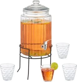 Ensemble Robinet Limonade Relaxdays - 4 Verres à Boire Avec Couvercle - Distributeur De Boissons Avec Robinet - 6 L