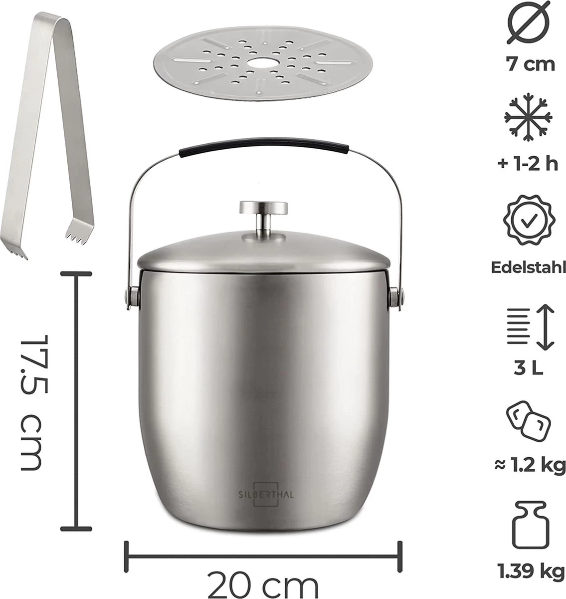 SILBERTHAL Grand Seau à Glace 3 Litres Avec Couvercle Et Pince - Inox - Double Paroi Isotherme - Bac à Glaçons 4 SILBERTHAL Grand Seau à Glace 3 Litres Avec Couvercle Et Pince - Inox - Double Paroi Isotherme - Bac à Glaçons – Image 2