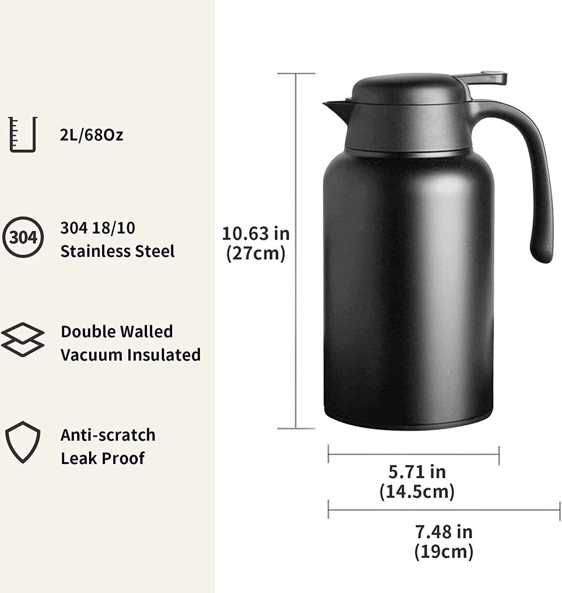 Fiole à Vide Noire 2L En Acier Inoxydable 304 à Double Paroi Isolée Sous Vide Cafetière Thermos à Café, Pillage De Café, Pot D'isolation De Jus/lait/thé 8 Fiole à Vide Noire 2L En Acier Inoxydable 304 à Double Paroi Isolée Sous Vide Cafetière Thermos à Café, Pillage De Café, Pot D'isolation De Jus/lait/thé – Image 6