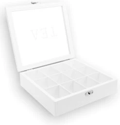 Boîte à Thé Premium - Blanche - Boîte à Thé 12 Compartiments - Verre Véritable - Avec Charnière à Résistance - Non Remplie