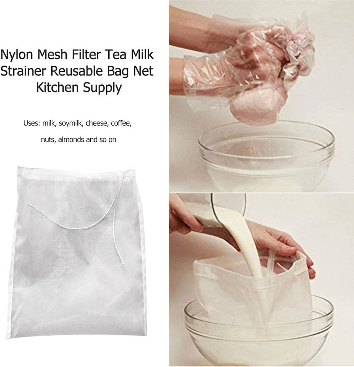 Sac Filtrant En Nylon Maillé - Réutilisable - Thee , Vin , Lait De Soja - Passoire Nourriture - Utilitaires De Cuisine - 3 Sac Filtrant En Nylon Maillé - Réutilisable - Thee , Vin , Lait De Soja - Passoire Nourriture - Utilitaires De Cuisine -