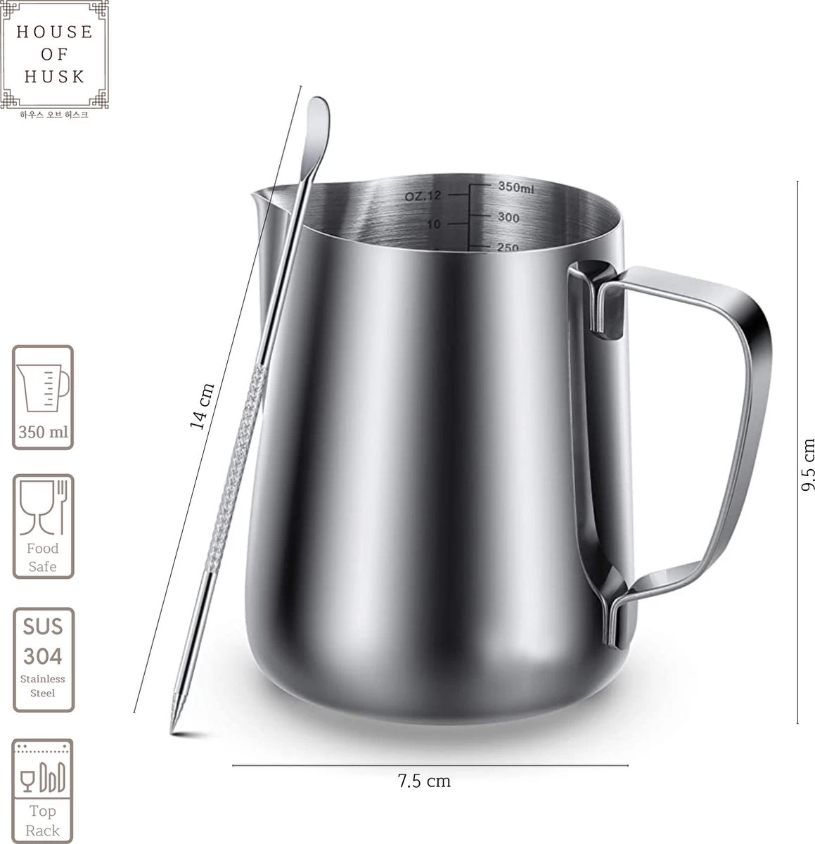 House Of Husk® Pot à Lait Avec Art Pen - Pichet Mousseur à Lait - Argent - Pot à Lait - Pichet à Lait - Acier Inoxydable - Pot à Lait Barista - 350 Ml - Avec Stylo Latte Art 4 House Of Husk® Pot à Lait Avec Art Pen - Pichet Mousseur à Lait - Argent - Pot à Lait - Pichet à Lait - Acier Inoxydable - Pot à Lait Barista - 350 Ml - Avec Stylo Latte Art – Image 2