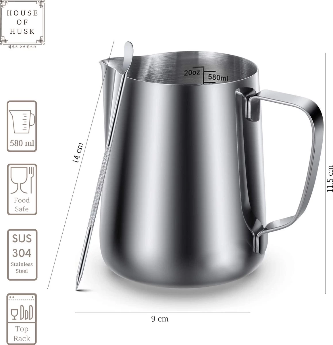 House Of Husk Pot à Lait Avec Art Pen - Pichet Mousseur à Lait 580ml - Argent - Pot à Lait - Pichet à Lait - Acier Inoxydable - Pot à Lait Barista - Avec Stylo Latte Art 4 House Of Husk Pot à Lait Avec Art Pen - Pichet Mousseur à Lait 580ml - Argent - Pot à Lait - Pichet à Lait - Acier Inoxydable - Pot à Lait Barista - Avec Stylo Latte Art – Image 2