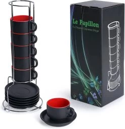 MIAMIO - 6 X 75 Ml Espresso Mug / Mugs En Faïence Noir Extérieur Coloré Intérieur - Collection Le Papillon