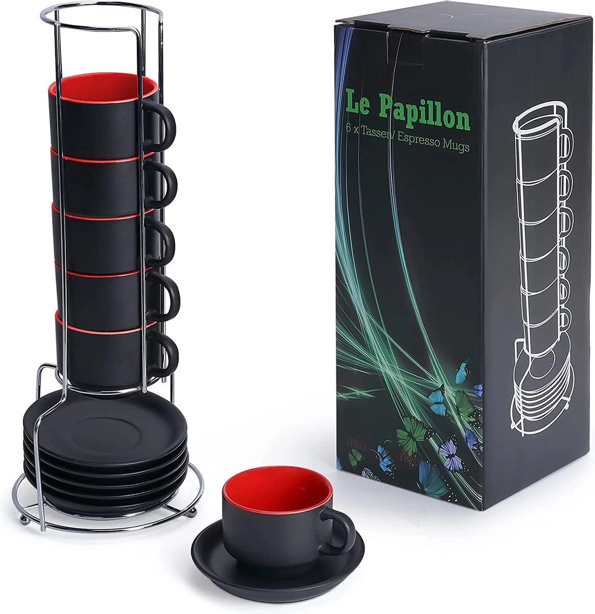 MIAMIO - 6 X 75 Ml Espresso Mug / Mugs En Faïence Noir Extérieur Coloré Intérieur - Collection Le Papillon 3 MIAMIO - 6 X 75 Ml Espresso Mug / Mugs En Faïence Noir Extérieur Coloré Intérieur - Collection Le Papillon