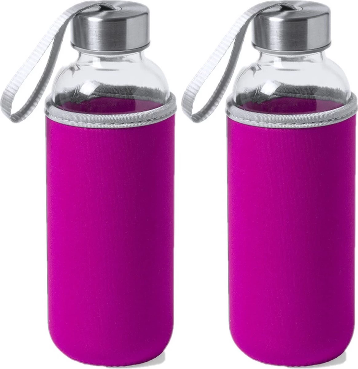 Bouteille D'eau/bouteille En Verre 2x Pieces Avec Housse De Protection Softshell Rose Fuchsia 420 Ml - Bouteille De Sport - Bouteille De Sport