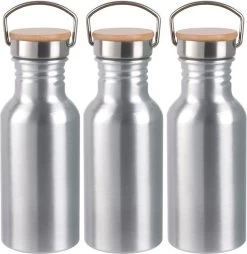 Bouteille D'eau / Gourde En Aluminium 3x Pièces Argent Avec Bouchon à Vis En Bambou 550 Ml - Bouteille De Sport - Bouteille D'eau