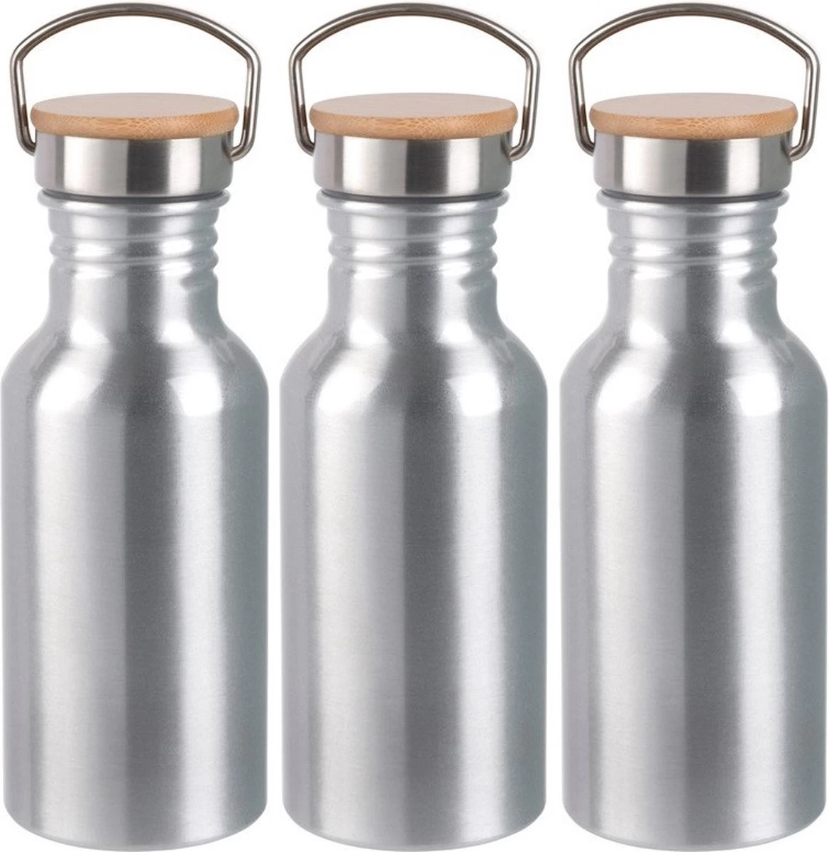 Bouteille D'eau / Gourde En Aluminium 3x Pièces Argent Avec Bouchon à Vis En Bambou 550 Ml - Bouteille De Sport - Bouteille D'eau 3 Bouteille D'eau / Gourde En Aluminium 3x Pièces Argent Avec Bouchon à Vis En Bambou 550 Ml - Bouteille De Sport - Bouteille D'eau