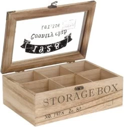 ToCi Boîte à Thé En Bois Naturel, Avec 6 Compartiments, Boîte à Thé Rectangulaire Boîte à Thé Boîte à Thé Boîte De Rangement Pour Sachets De Thé, 24 X 16 X 8,5 Cm (LxlxH), "Storage Box" Au Look Rétro