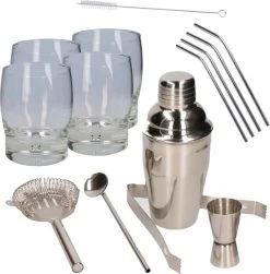 Set De Shaker à Cocktail En Acier Inoxydable 5 Pièces - Y Compris 4x Verres à Cocktail 350 Ml - Avec 4x Pailles En Acier Inoxydable Avec Brosse De Nettoyage