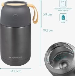 Navaris Thermos Inox 650ml - Gobelet Alimentaire Nomade - Gobelet Chauffant Pour Aliments Chauds Et Froids - Isotherme Et étanche - Gris Foncé -Dégustation Délicate 1187x1200 7