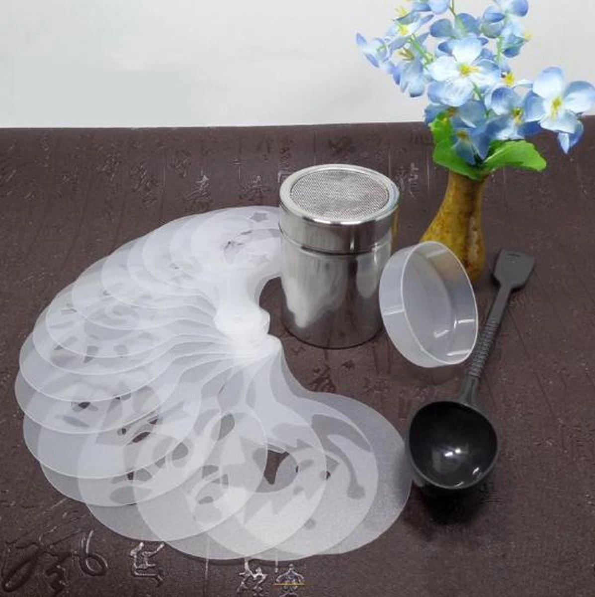 Set' écarteurs à Cappuccino / Cacao En Acier Inoxydable - Avec Modèles De Café / Cacao Et Cuillère à Tools Barista 9 Set' écarteurs à Cappuccino / Cacao En Acier Inoxydable - Avec Modèles De Café / Cacao Et Cuillère à Tools Barista – Image 7