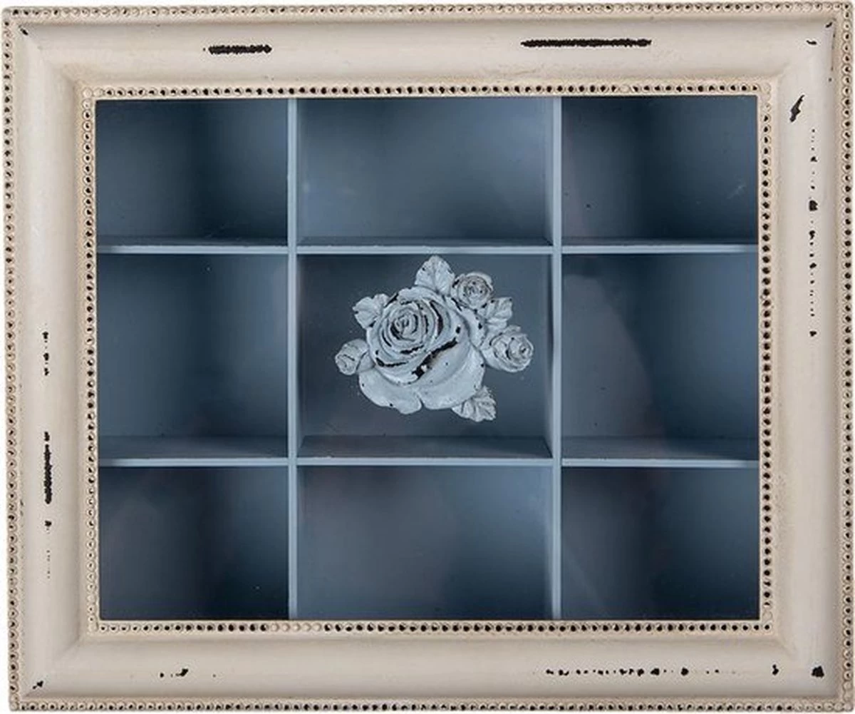 Boîte à Thé 9 Compartiments 32*26*9 Cm Blauw MDF, Glas Rectangle Bloem Boîte à Thee Boîte à Thé