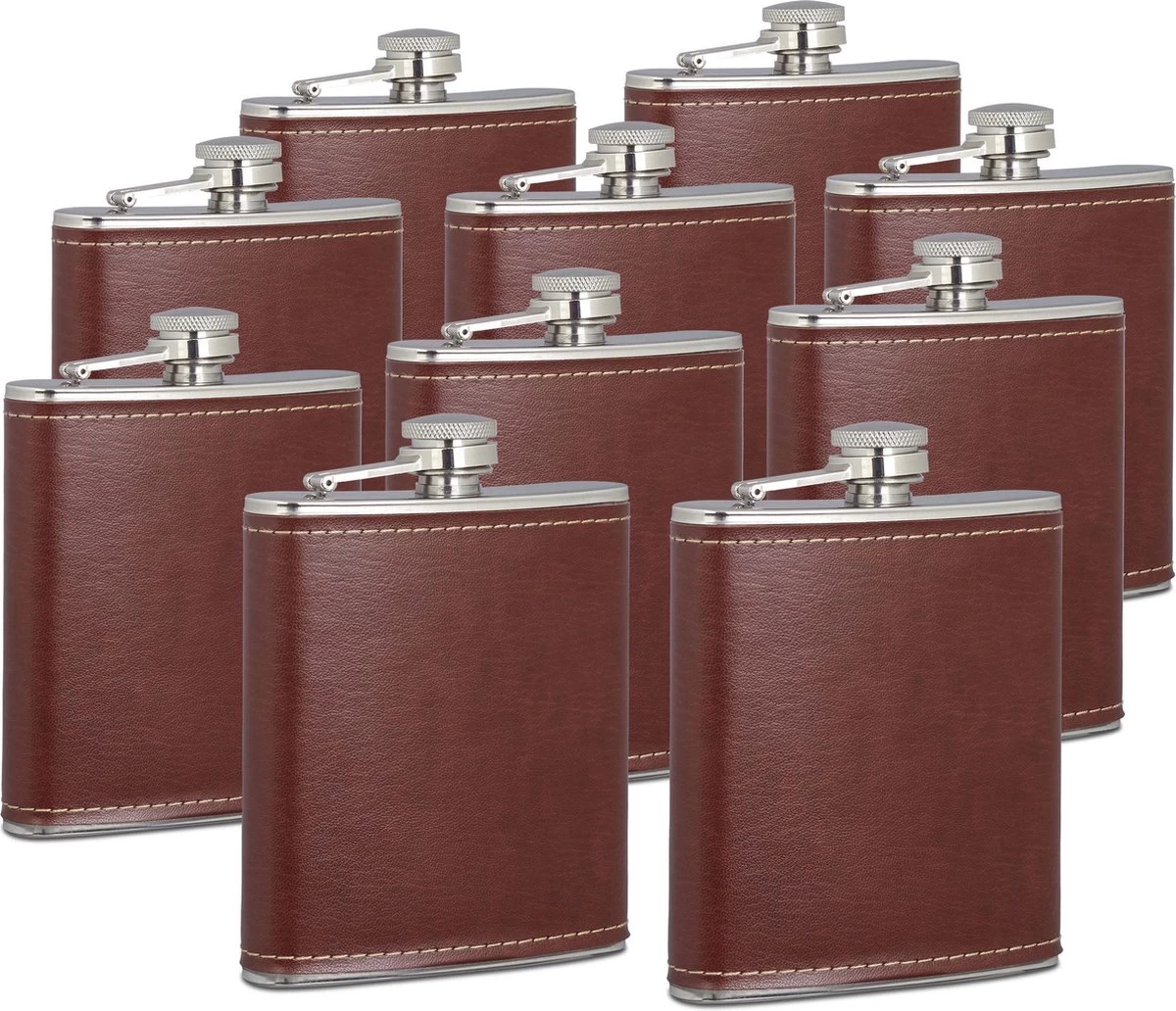 Relaxdays 10 X Flasque De Hanche 200 Ml - Acier Inoxydable Avec Simili Cuir - Pinson Plat Pour Les Déplacements