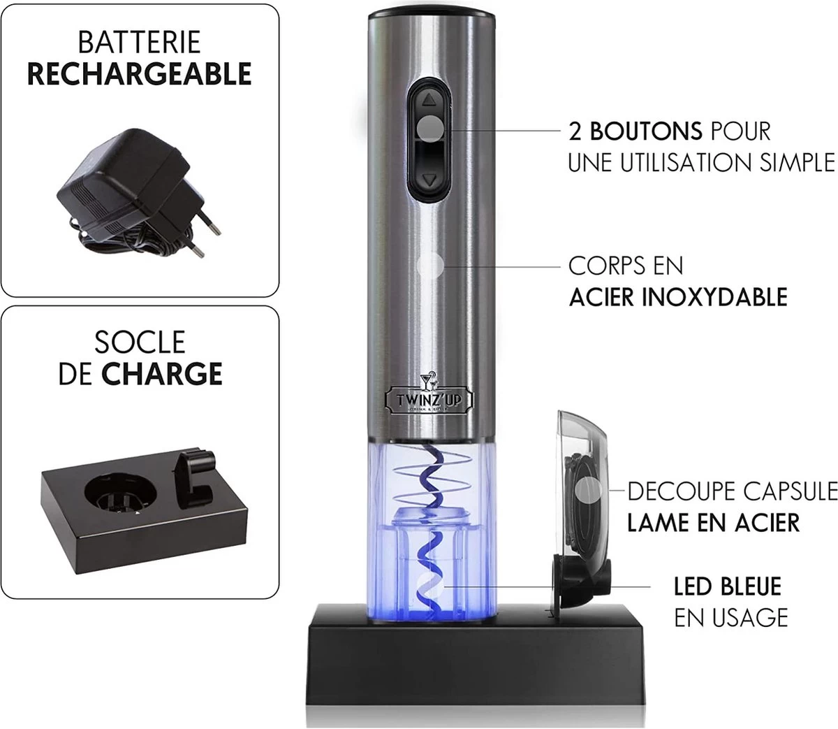 Twinz'up - Tire-bouchon Sans Fil - Coffret Avec Coupe-capsule Et Support De Recharge Pour Les Amateurs De Vin 7 Twinz'up - Tire-bouchon Sans Fil - Coffret Avec Coupe-capsule Et Support De Recharge Pour Les Amateurs De Vin – Image 5