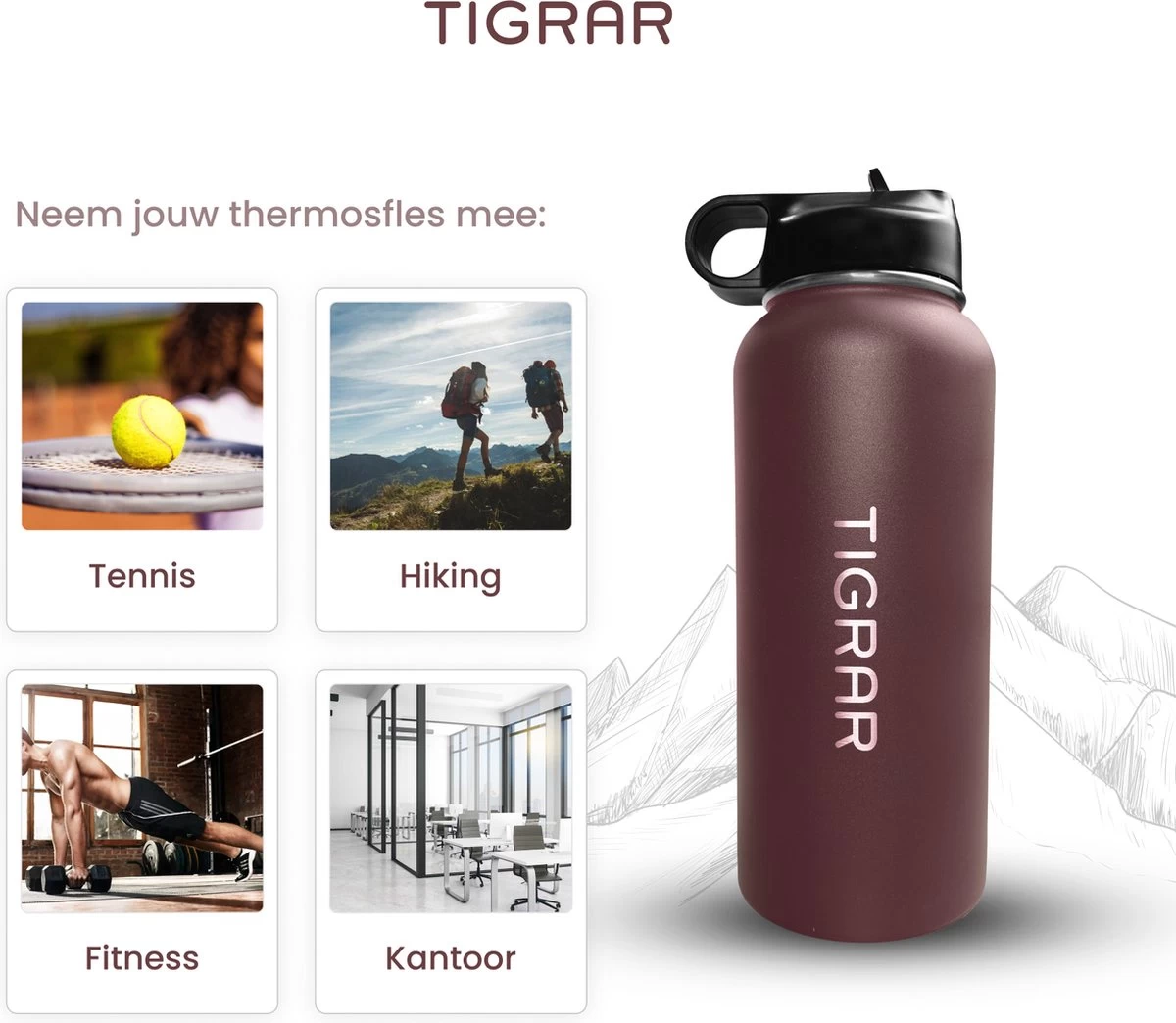 Tigrar - Bouteille D'eau Avec Paille - Gourde 1 Litre - Bouteille Thermos - Acier Inoxydable - Avec Bouchon Supplémentaire Et 3 Pailles 8 Tigrar - Bouteille D'eau Avec Paille - Gourde 1 Litre - Bouteille Thermos - Acier Inoxydable - Avec Bouchon Supplémentaire Et 3 Pailles – Image 6
