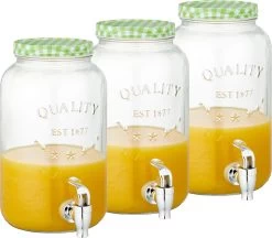 Set De 3x Distributeurs De Boissons En Verre / Robinet De Limonade Avec Bouchon à Carreaux Vert / Blanc 3,5 Litres - Tap