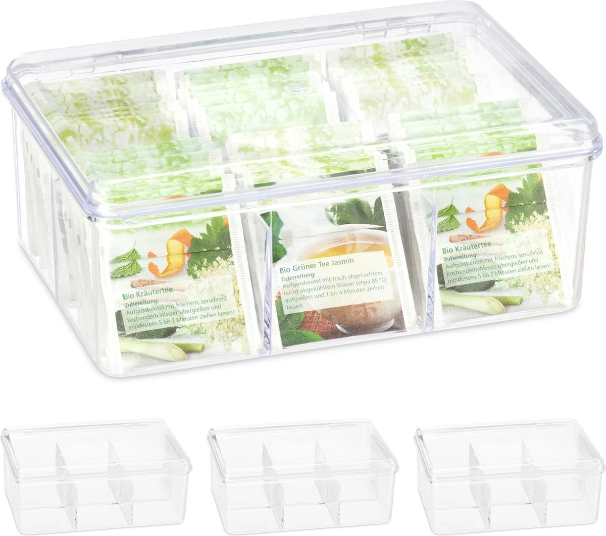 Relaxdays 4 X Boîte à Thé Transparent - Boîte à Thé 6 Compartiments - Organisateur De Sachets De Thé - Rectangle 3 Relaxdays 4 X Boîte à Thé Transparent - Boîte à Thé 6 Compartiments - Organisateur De Sachets De Thé - Rectangle