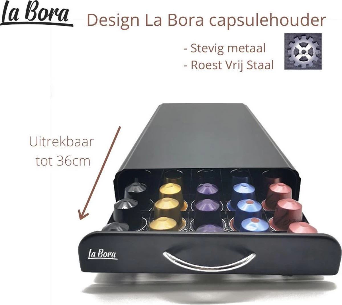 La Bora - Porte-Capsules Design Luxe Avec Tiroir - Pour Capsules Nespresso - 50 Tasses - Porte-Gobelets - Métal Inox 5 La Bora - Porte-Capsules Design Luxe Avec Tiroir - Pour Capsules Nespresso - 50 Tasses - Porte-Gobelets - Métal Inox – Image 3