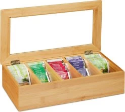 Boîte à Thé Relaxdays Bambou - 5 Compartiments - Coffre à Thé - Boîte De Rangement - Boîte De Rangement à Thé - Organisateur -Dégustation Délicate 1200x1073 1