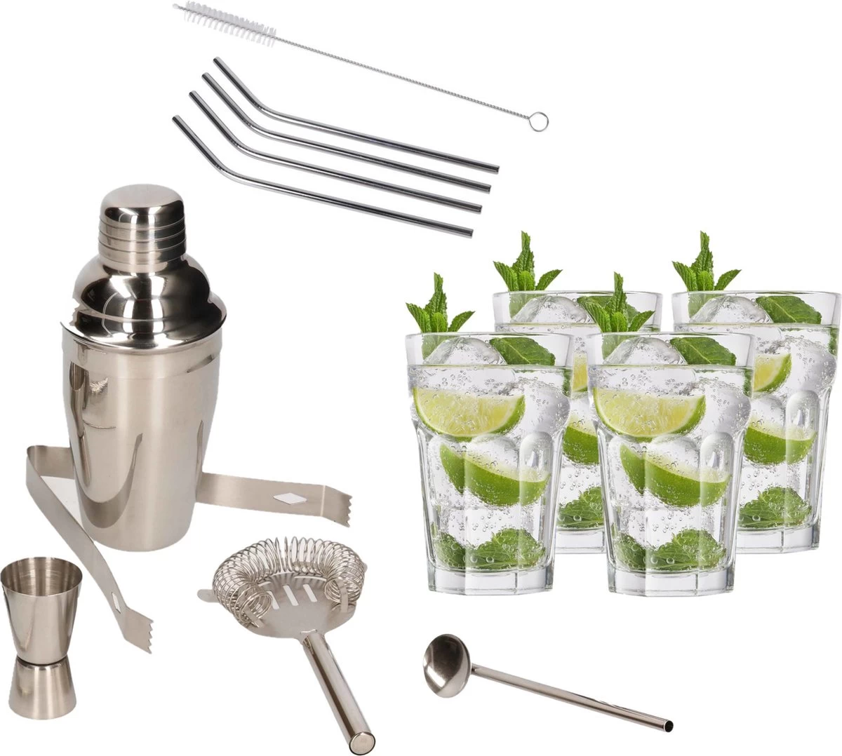 Set De Shaker à Cocktail En Acier Inoxydable 5 Pièces - Y Compris 4x Verres à Cocktail 350 Ml - Avec 4x Pailles En Acier Inoxydable Avec Brosse De Nettoyage 3 Set De Shaker à Cocktail En Acier Inoxydable 5 Pièces - Y Compris 4x Verres à Cocktail 350 Ml - Avec 4x Pailles En Acier Inoxydable Avec Brosse De Nettoyage