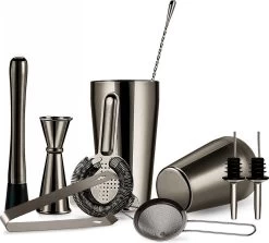 YONO Cocktail Shaker Set - Cocktail Shaker 600ml Avec Tasse à Mesurer Jigger Passoire Becs Verseurs Agitateur Et Pilon - Noir