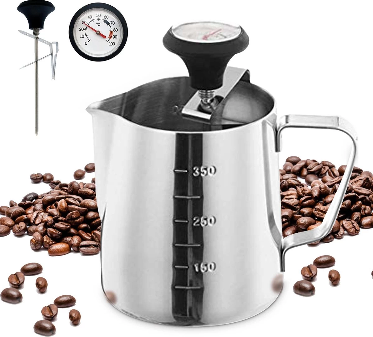 Pichet Mousseur à Lait RoiCuisine - Avec Thermomètre - 350ml - Pot à Lait - Barista - Acier Inoxydable 3 Pichet Mousseur à Lait RoiCuisine - Avec Thermomètre - 350ml - Pot à Lait - Barista - Acier Inoxydable