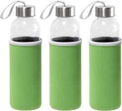 Bouteille D'eau / Gourde En Verre 3x Pieces Avec Housse De Protection Softshell Verte 520 Ml - Bouteille De Sport - Bouteille De Sport