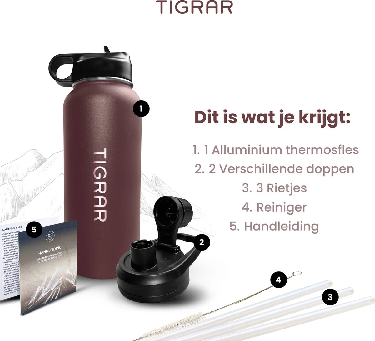 Tigrar - Bouteille D'eau Avec Paille - Gourde 1 Litre - Bouteille Thermos - Acier Inoxydable - Avec Bouchon Supplémentaire Et 3 Pailles 7 Tigrar - Bouteille D'eau Avec Paille - Gourde 1 Litre - Bouteille Thermos - Acier Inoxydable - Avec Bouchon Supplémentaire Et 3 Pailles – Image 5