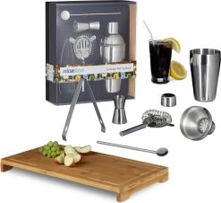 Ensemble De Bar Relaxdays 6 Pièces, Grand Ensemble à Cocktail En Acier Inoxydable, Planche à Découper En Bambou, Shaker à Cocktail