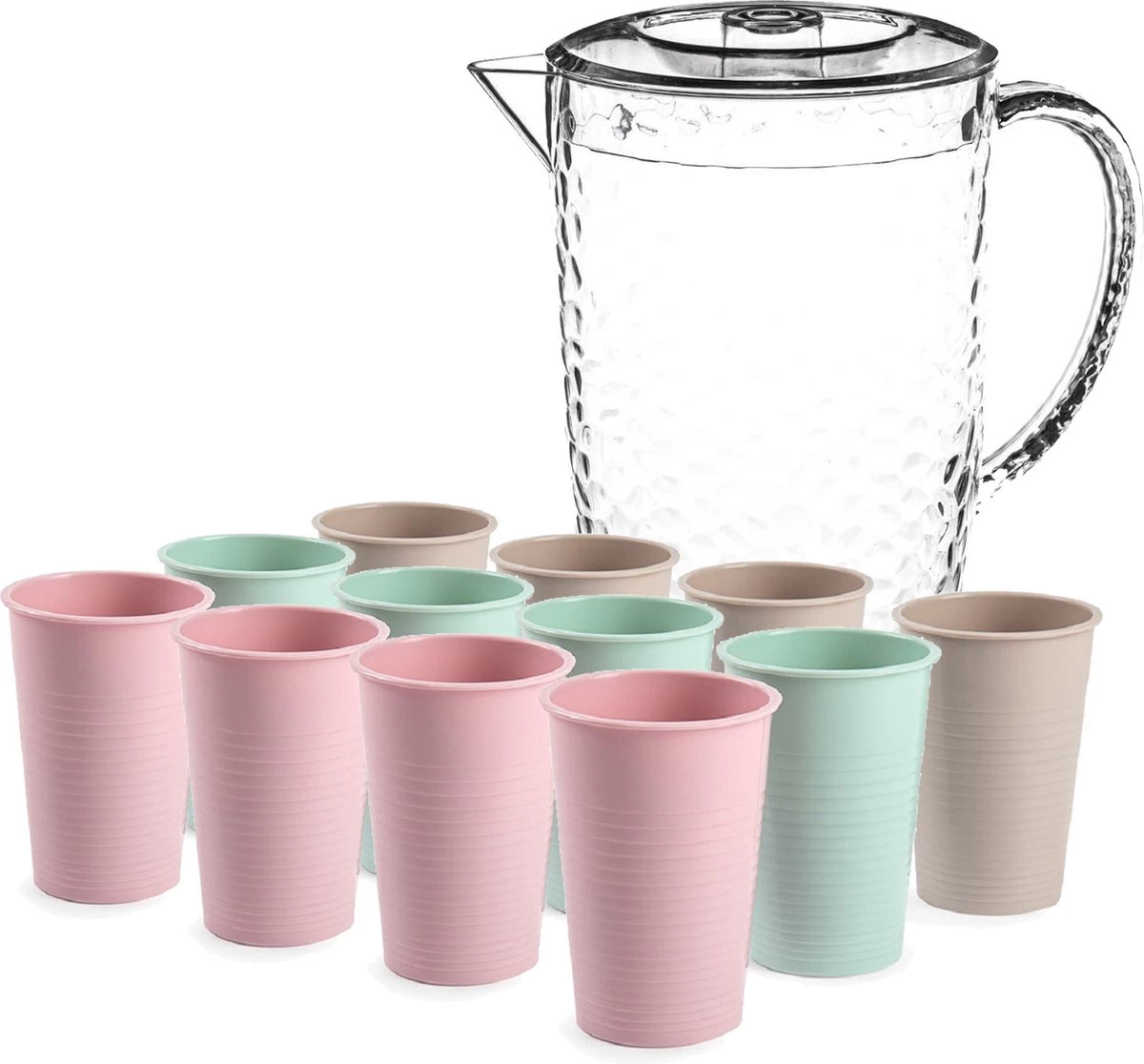 Carafe à Jus / Eau / Pichet Robuste Avec Couvercle 2 Litres Sertie De 12x Verres à Boire Multicolores En Plastique 200 Ml 3 Carafe à Jus / Eau / Pichet Robuste Avec Couvercle 2 Litres Sertie De 12x Verres à Boire Multicolores En Plastique 200 Ml