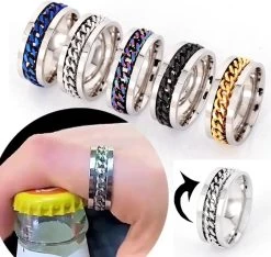 Narvie - Ring D'anxiété Ouvre-bouteille - Set De 2 - Ring Anti-stress - Ring Fidget - Ring Spinner - Toys Fidget - Ring - Bagues - Ouvre- Bières - Titane - Femme - Homme - Argent