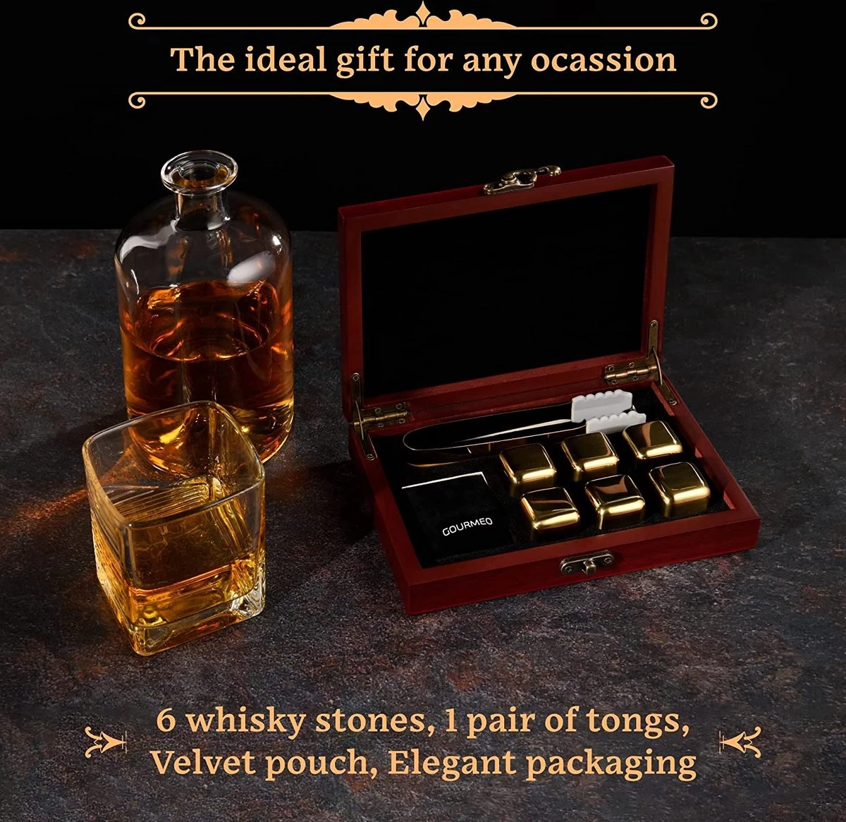 GOURMEO 6 Pierres à Whisky En Acier Inoxydable Doré Avec Coffret Cadeau En Bois - Pierres à Whisky Réutilisables Dans Un Ensemble Comme Alternative Aux Glaçons Classiques 3 GOURMEO 6 Pierres à Whisky En Acier Inoxydable Doré Avec Coffret Cadeau En Bois - Pierres à Whisky Réutilisables Dans Un Ensemble Comme Alternative Aux Glaçons Classiques