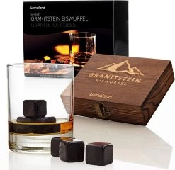 Lumaland - Pierres à Whisky - En Granit De Haute Qualité - Pierres à Whisky - Avec Boîte En Bois, Sac De Rangement Et Pince En Acier Inoxydable - Lot De 9 - Noir