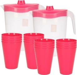 16x Gobelets En Plastique 430 ML Avec 2x Carafes Set Transparent/rose De 2,5 Litres - Anniversaire/camping/jardin