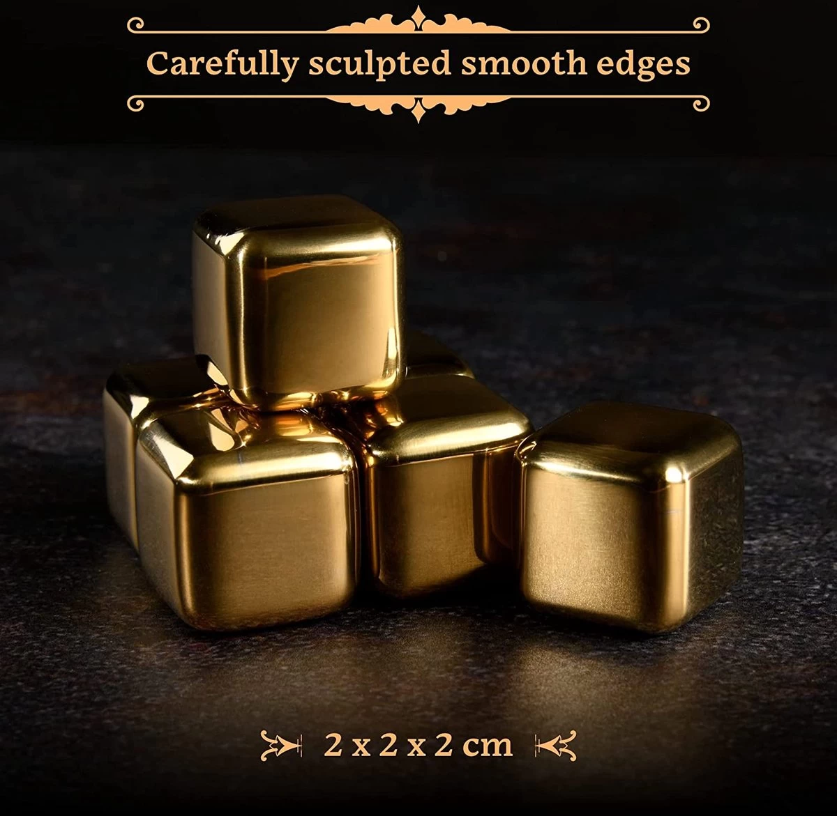 GOURMEO 6 Pierres à Whisky En Acier Inoxydable Doré Avec Coffret Cadeau En Bois - Pierres à Whisky Réutilisables Dans Un Ensemble Comme Alternative Aux Glaçons Classiques 5 GOURMEO 6 Pierres à Whisky En Acier Inoxydable Doré Avec Coffret Cadeau En Bois - Pierres à Whisky Réutilisables Dans Un Ensemble Comme Alternative Aux Glaçons Classiques – Image 3
