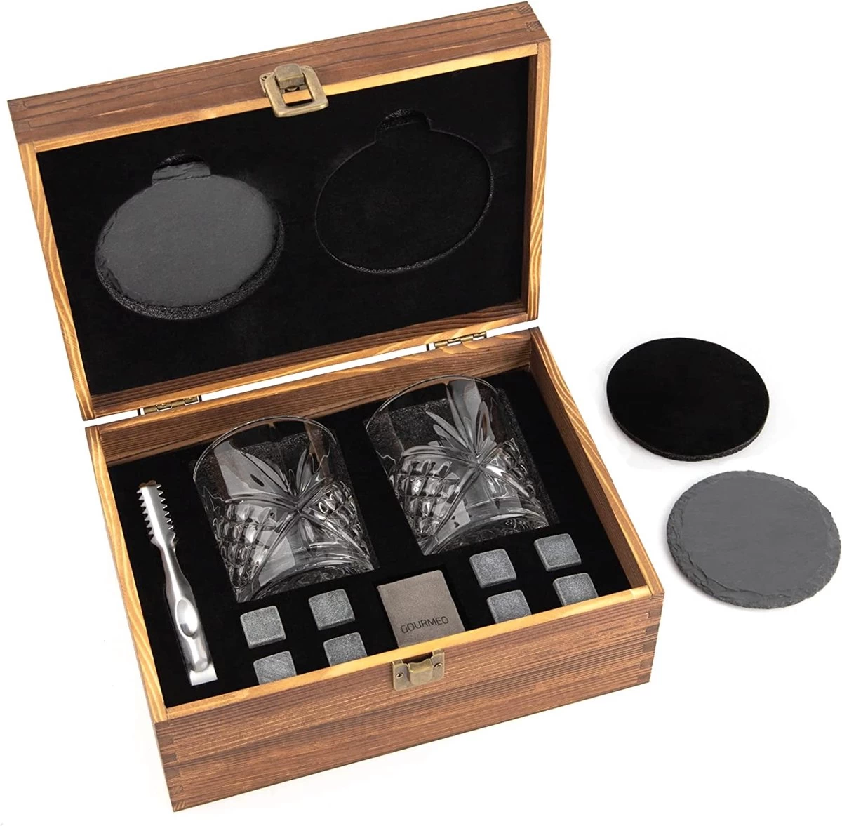 GOURMEO Set De 8 Pierres à Whisky + 2 X Bols + Pince Inox + 2 Verres Cristal - Glaçons En Basalte Naturel - Pierres Réutilisables - Cadeau Homme Et Femme 3 GOURMEO Set De 8 Pierres à Whisky + 2 X Bols + Pince Inox + 2 Verres Cristal - Glaçons En Basalte Naturel - Pierres Réutilisables - Cadeau Homme Et Femme