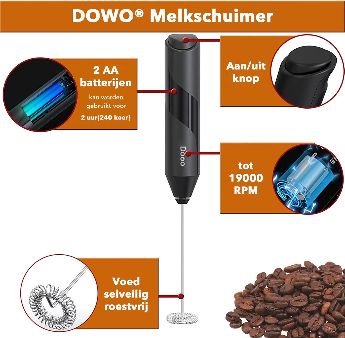 DOWO® - Mousseur à Lait électrique Coffee - Électrique - Manuel - Mousseur à Lait Manuel - Piles Incluses - Mousseur à Lait - Zwart - Acier Inoxydable - Électrique 7 DOWO® - Mousseur à Lait électrique Coffee - Électrique - Manuel - Mousseur à Lait Manuel - Piles Incluses - Mousseur à Lait - Zwart - Acier Inoxydable - Électrique – Image 5