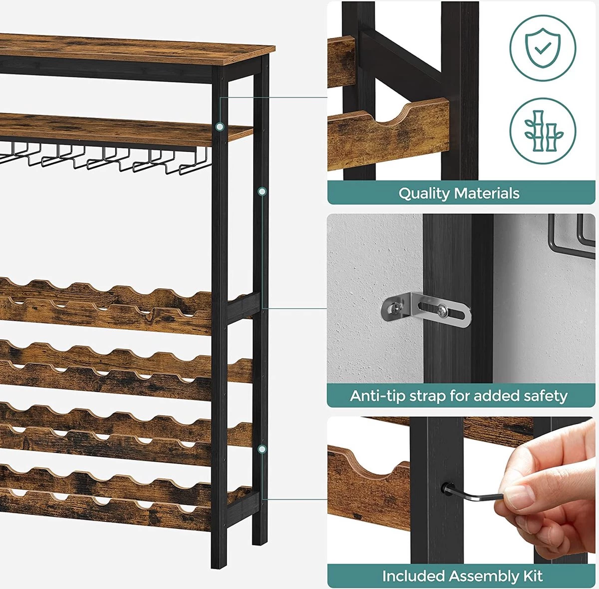 Nancy's Plaisance Casier à Vin Avec Porte-Verres - Porte-Vin - Porte-Bouteilles - Debout - Industriel - Marron Et Zwart - 66 X 30 X 100 Cm 8 Nancy's Plaisance Casier à Vin Avec Porte-Verres - Porte-Vin - Porte-Bouteilles - Debout - Industriel - Marron Et Zwart - 66 X 30 X 100 Cm – Image 6