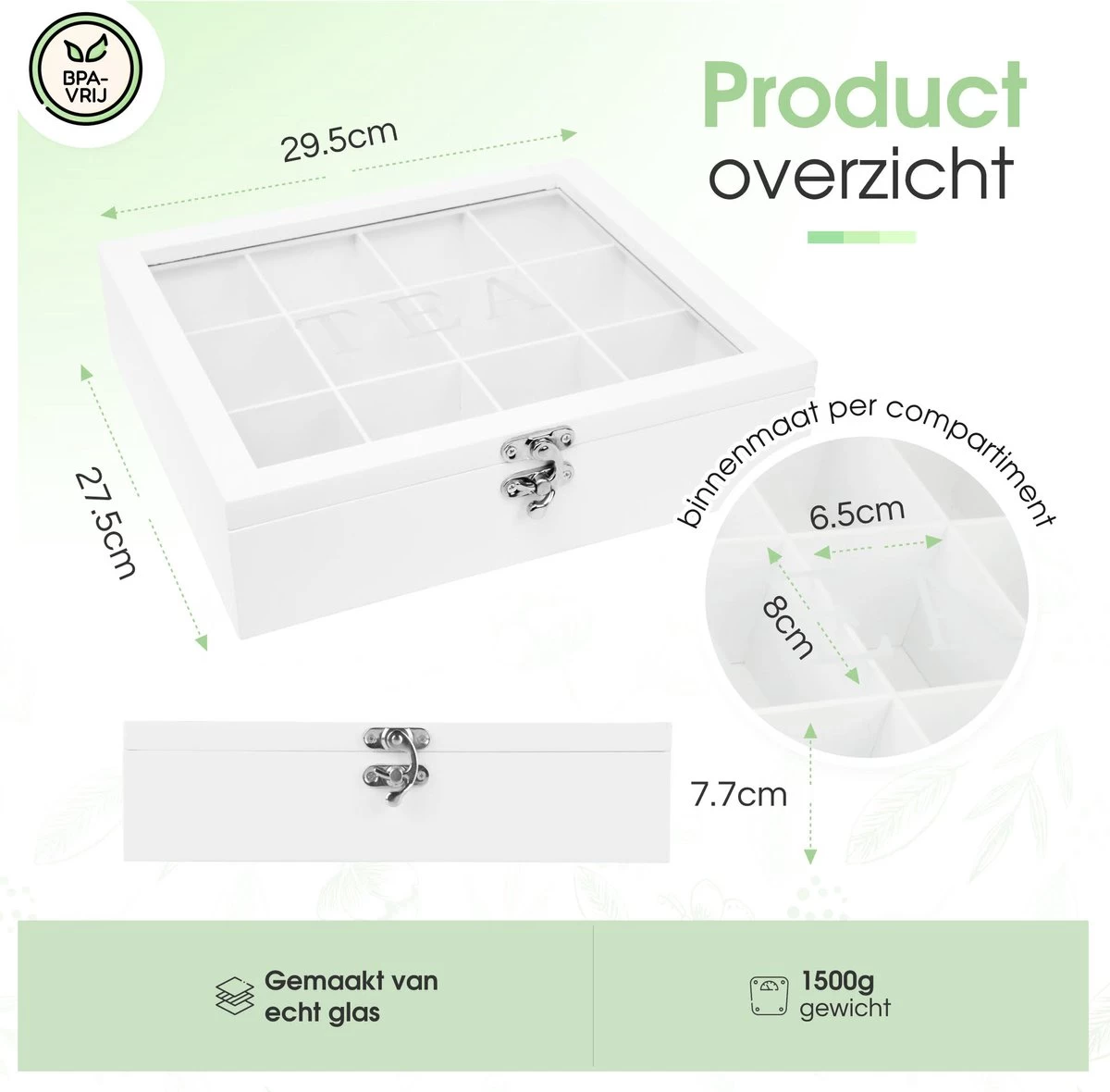 Boîte à Thé Premium - Blanche - Boîte à Thé 12 Compartiments - Verre Véritable - Avec Charnière à Résistance - Non Remplie 11 Boîte à Thé Premium - Blanche - Boîte à Thé 12 Compartiments - Verre Véritable - Avec Charnière à Résistance - Non Remplie – Image 9