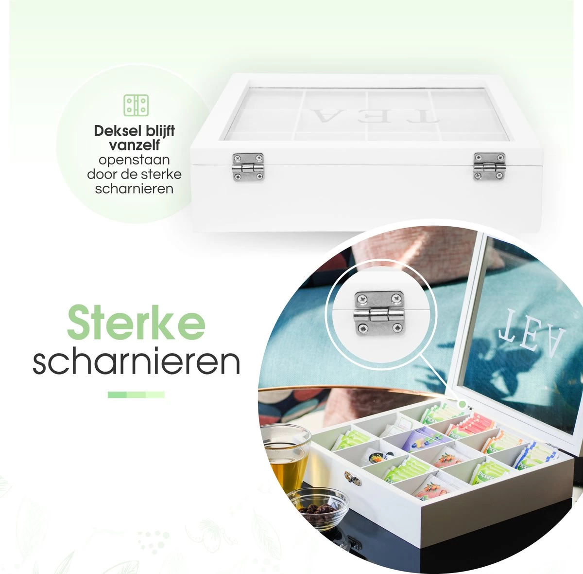 Boîte à Thé Premium - Blanche - Boîte à Thé 12 Compartiments - Verre Véritable - Avec Charnière à Résistance - Non Remplie 5 Boîte à Thé Premium - Blanche - Boîte à Thé 12 Compartiments - Verre Véritable - Avec Charnière à Résistance - Non Remplie – Image 3