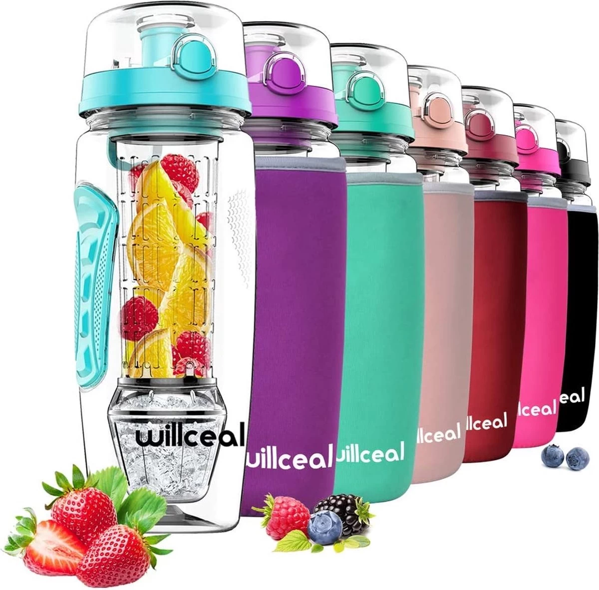 Willceal Bouteille D'eau Avec Filtre à Fruits 945 Ml Durable Avec Boule De Gel De Glace Amovible Grand Couvercle Rabattable Tritan Sans BPA Design Fermé Sports Camping