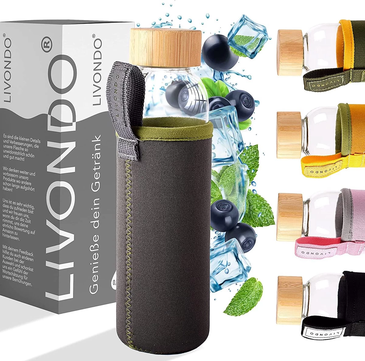 LIVONDO Gourde En Verre, 0 Litre, Avec Couvercle En Bambou Et Housse De Protection En Néoprène, Testée Pour Les Substances Nocives, Va Au Lave-vaisselle, étanche, écologique, City Ulitmate Gris 3 LIVONDO Gourde En Verre, 0 Litre, Avec Couvercle En Bambou Et Housse De Protection En Néoprène, Testée Pour Les Substances Nocives, Va Au Lave-vaisselle, étanche, écologique, City Ulitmate Gris