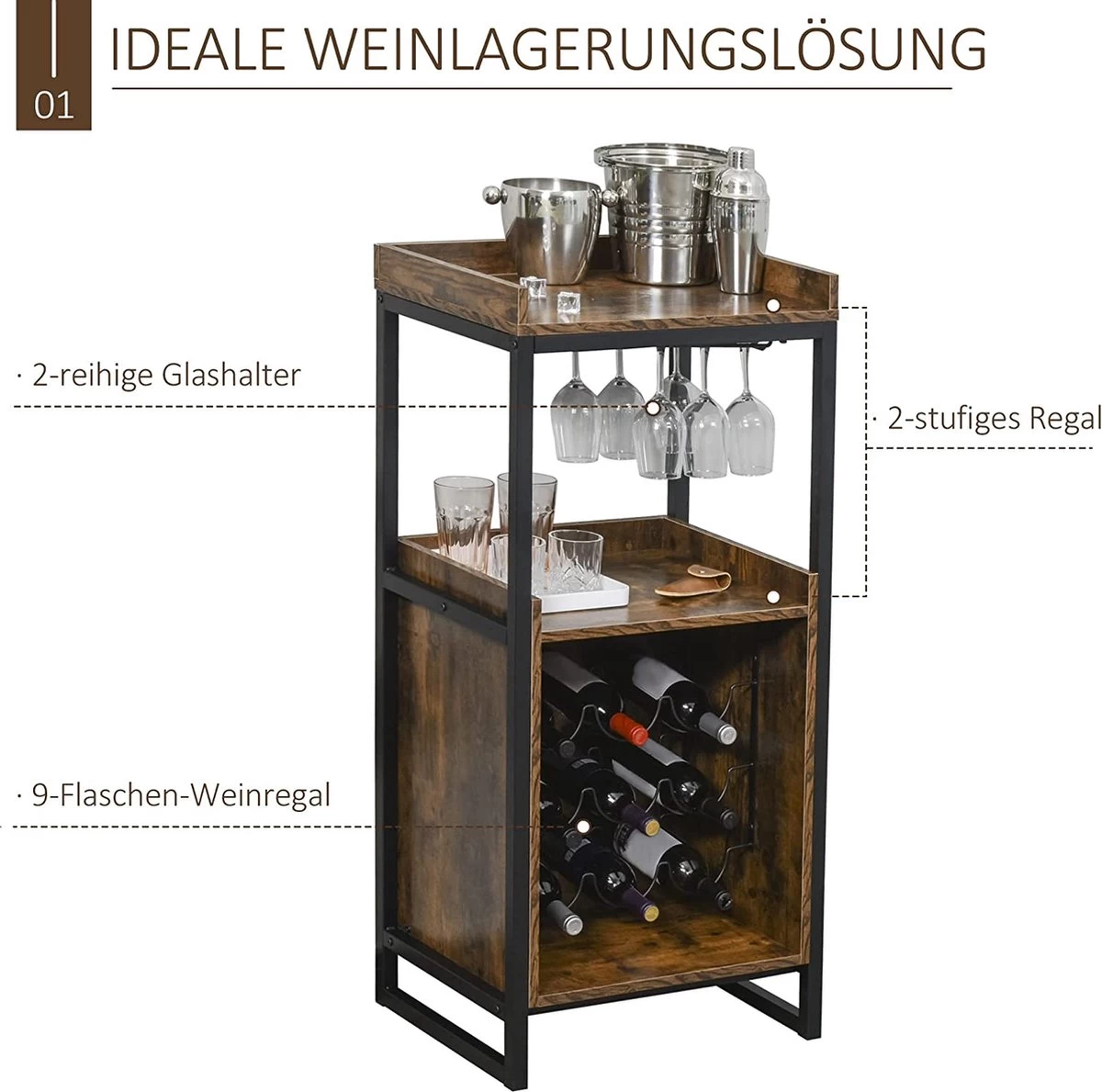 IN.HOMEXL Boxwel - Cave à Vin - Casier à Vin Métal - Bois - Armoire Industrielle - Pour 9 Bouteilles - 113 X 52 X 40 Cm Bois - Marron / Zwart 11 IN.HOMEXL Boxwel - Cave à Vin - Casier à Vin Métal - Bois - Armoire Industrielle - Pour 9 Bouteilles - 113 X 52 X 40 Cm Bois - Marron / Zwart – Image 9